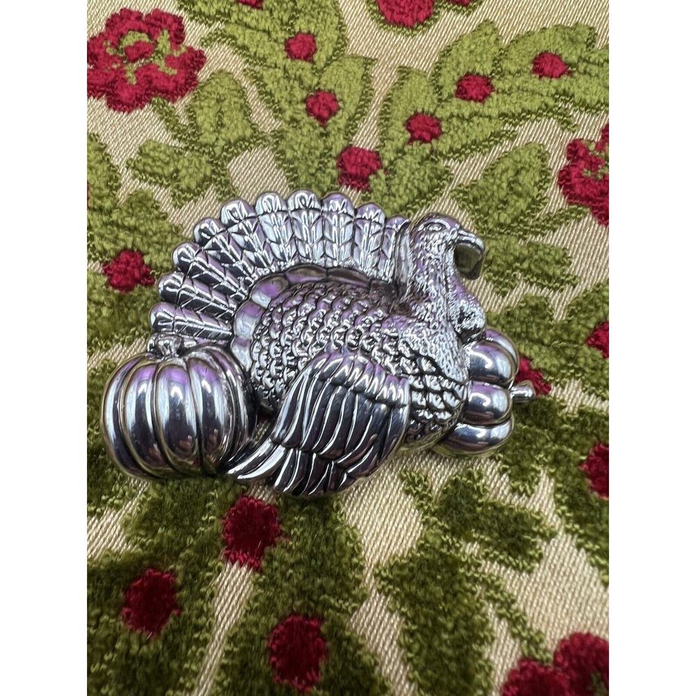 Silver Tone Turkey Brooch Vintage Thanksgiving‎ Bird Fall Pumpkin Signed BEST